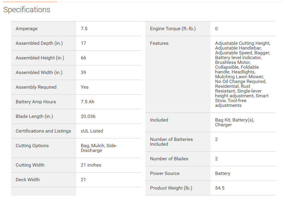 Possible Specifications for EGO Mower - LM2135SP