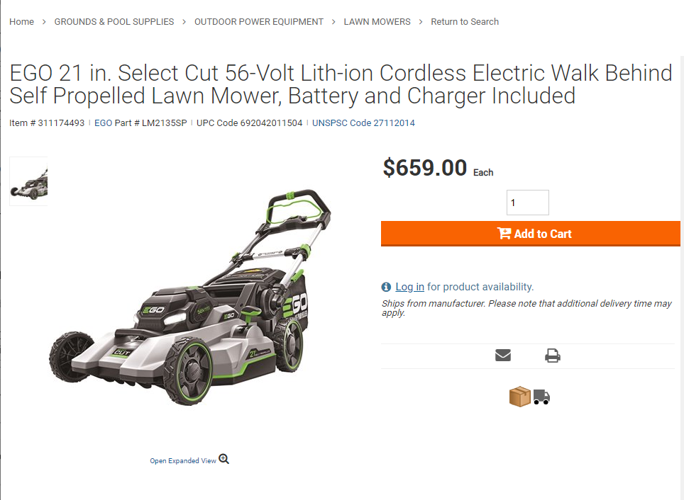 Screenshot of EGO Select Mower (LM2135SP) in HD Webpage